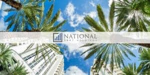 This is a National Debt Holdings Logo with a background of palm trees and a building with a clear sky