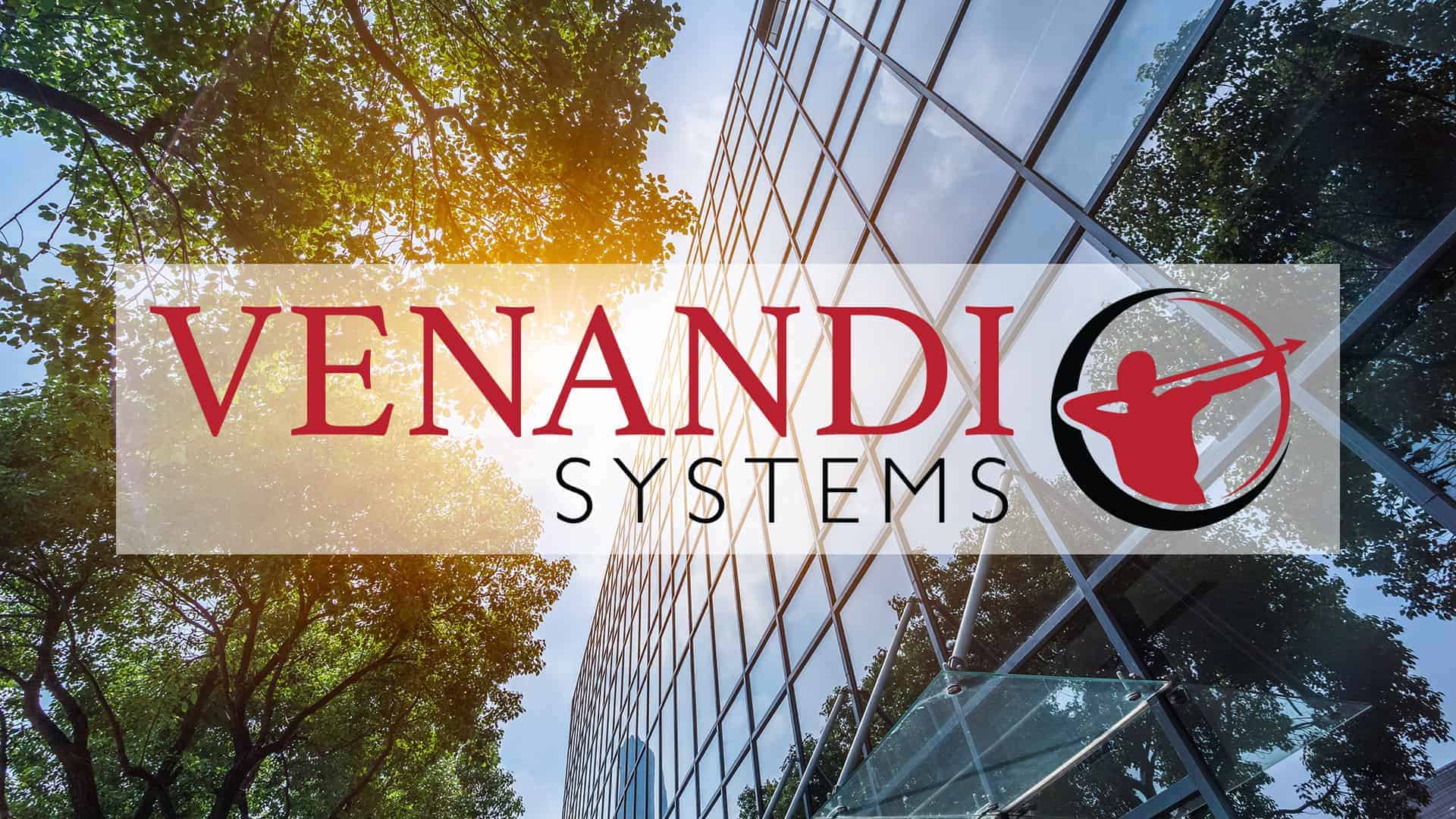 This is a venandi systems logo with a background of building and trees