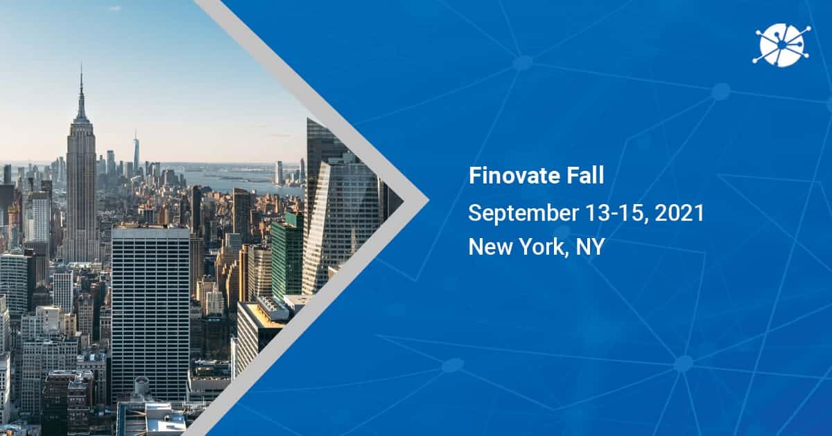 A image shot in the daylight in new york, ny pointing on finovate fall september 13-15, 2021 with vector lines in the background
