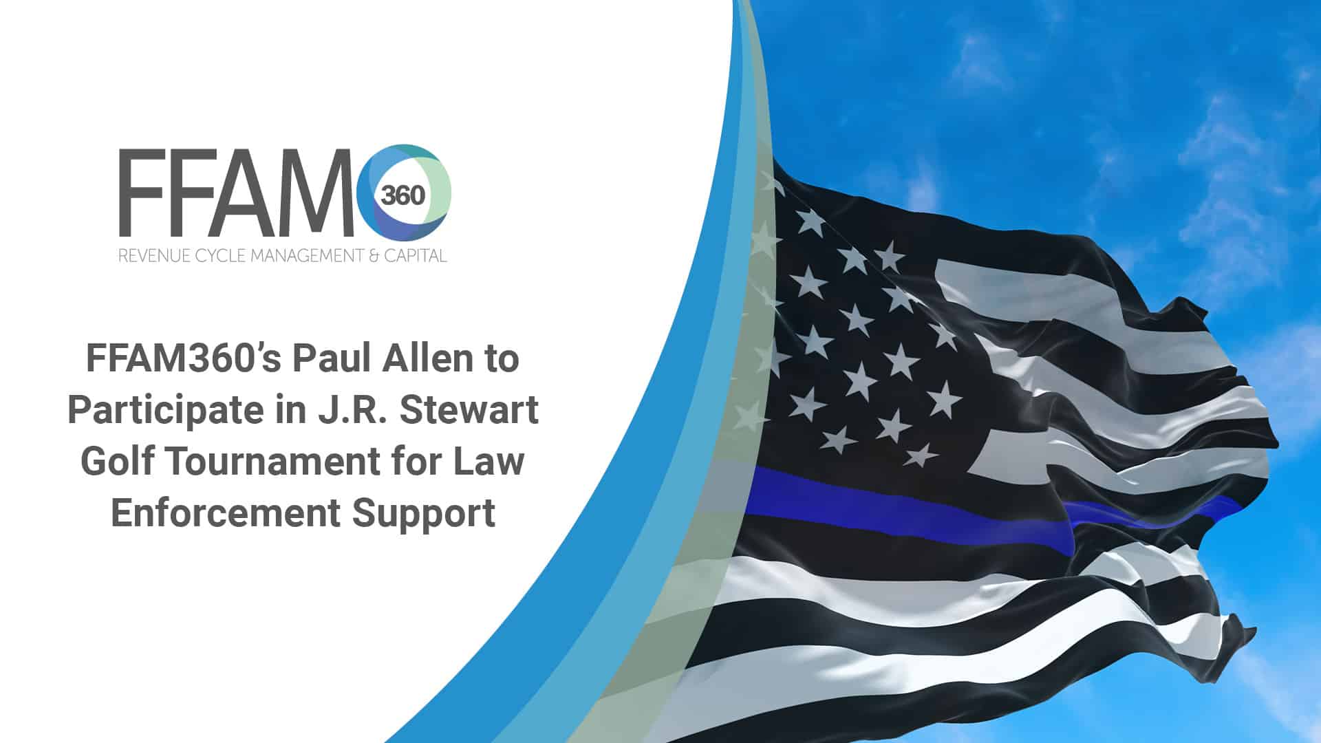 Thin Blue Line. Black Flag of USA with Police Blue Line waving in the wind on flagpole against the sky with clouds on sunny day