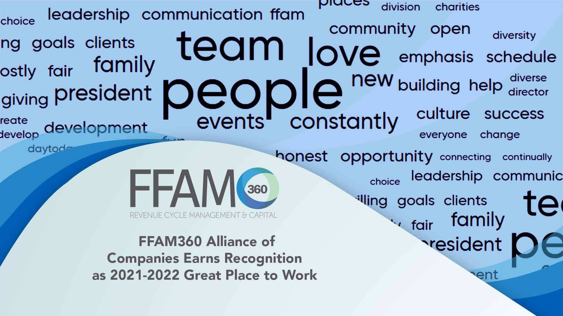 Word cloud of positive words from employee surveys. Largest words are team, love, and people.
