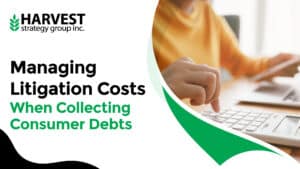 A person calculates costs of collections vs litigation with a calculator.