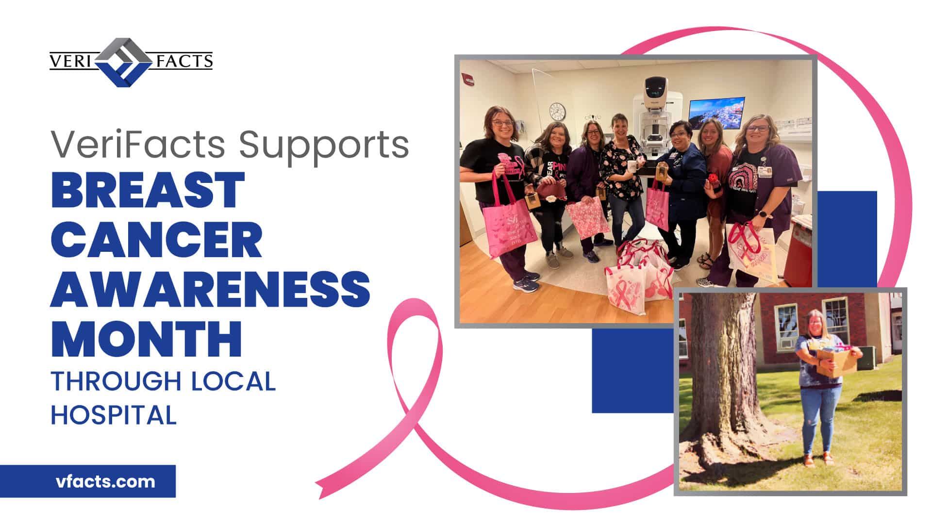 Group of women delivering pink gift bags to hospital.