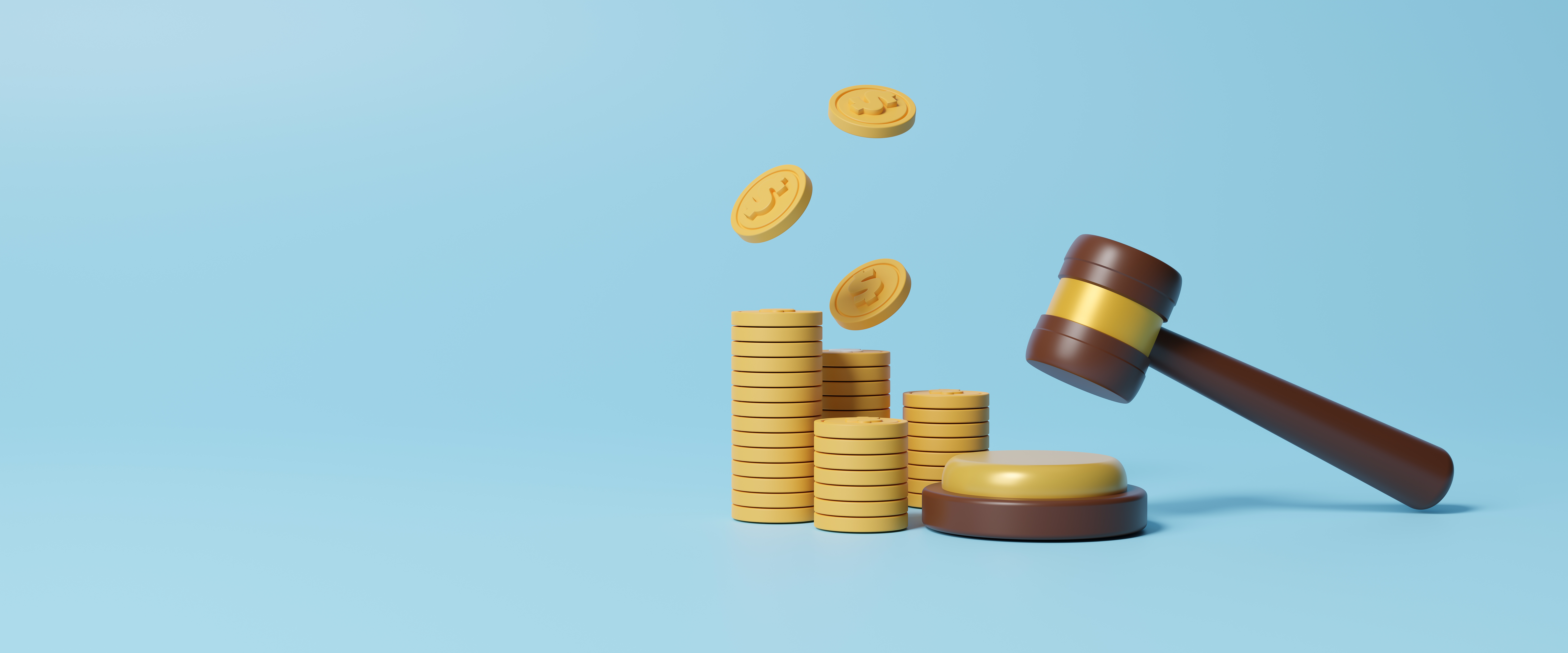A gavel is flying over stacks of coins on a blue background.