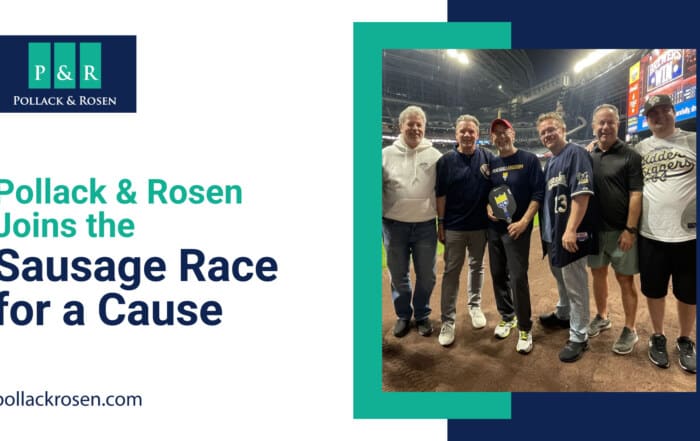 Pollack & Rosen participates in the Milwaukee Brewers Sausage Race to support community and veteran charities. Graphic features the Italian Sausage mascot at American Family Field with logos of supporting organizations.