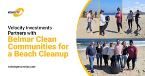 Velocity Investments employees volunteering at Belmar Beach during a cleanup event with Belmar Clean Communities, collecting litter and helping preserve the coastline.