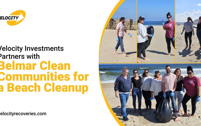 Velocity Investments employees volunteering at Belmar Beach during a cleanup event with Belmar Clean Communities, collecting litter and helping preserve the coastline.