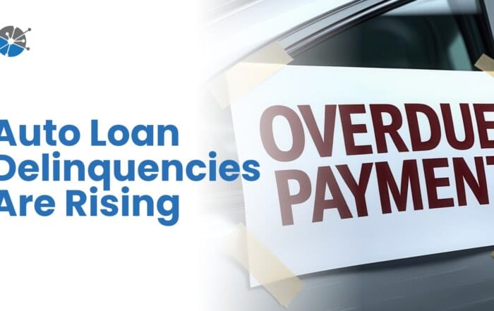 A worried person glancing at an overdue bill or delinquency notice in hand; includes text: “Auto Loan Delinquencies Are Rising”