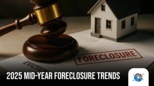 U.S. map showing states with rising foreclosure rates in 2025, overlaid with foreclosure icons; includes title text: "2025 Mid-Year Foreclosure Trends"