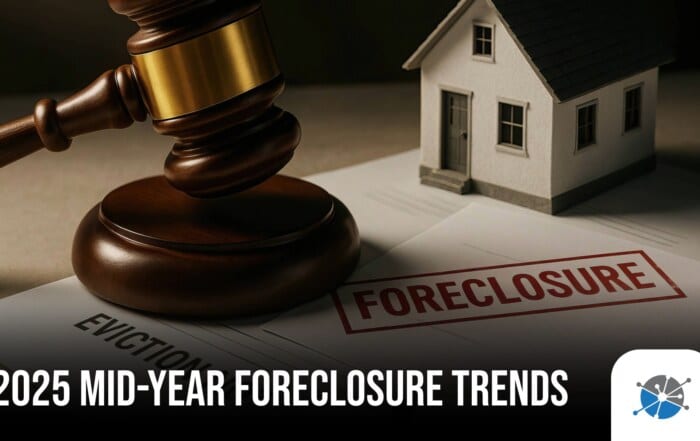 U.S. map showing states with rising foreclosure rates in 2025, overlaid with foreclosure icons; includes title text: "2025 Mid-Year Foreclosure Trends"