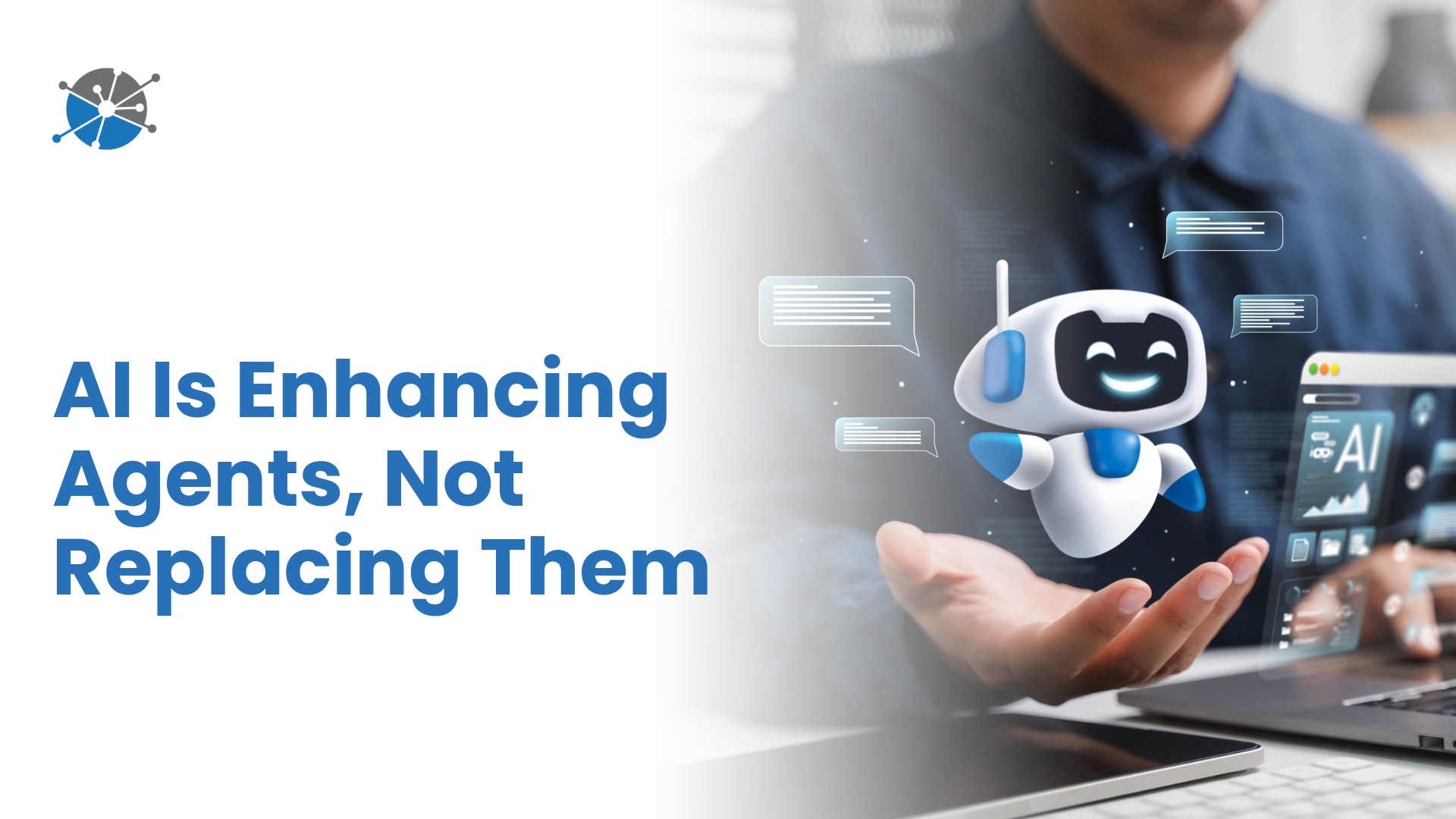 Customer service agent using AI-powered tools to assist a consumer, representing the blend of human empathy and digital intelligence in receivables management