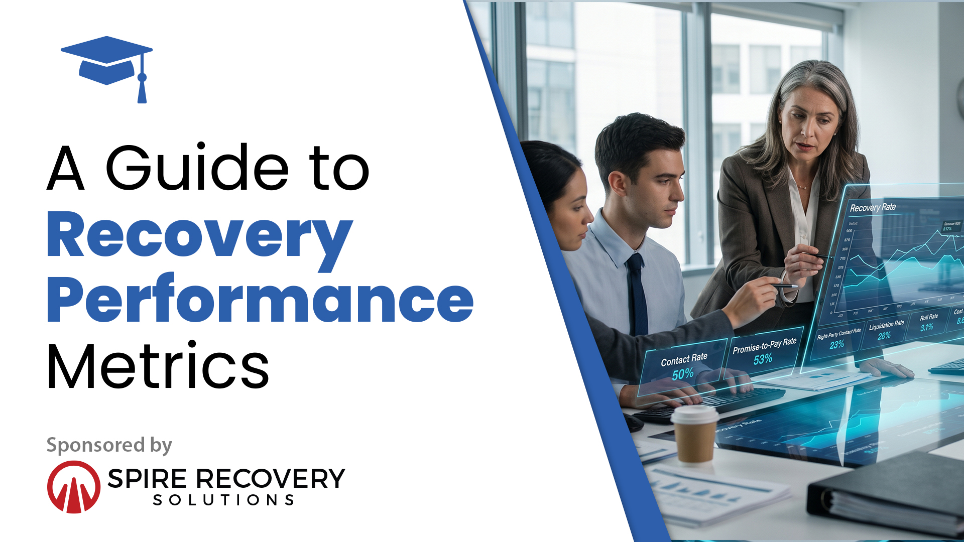 Dashboard displaying key receivables management metrics including recovery rate, contact rate, promise-to-pay rate, and portfolio performance analytics.