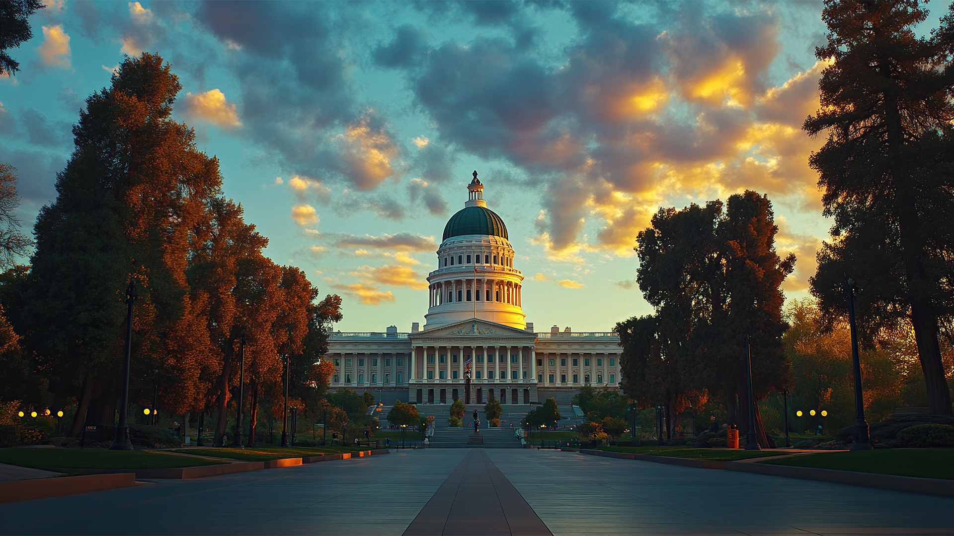 The California State Capitol building glows under a vibrant sunset, framed by trees and a wide, illuminated plaza.