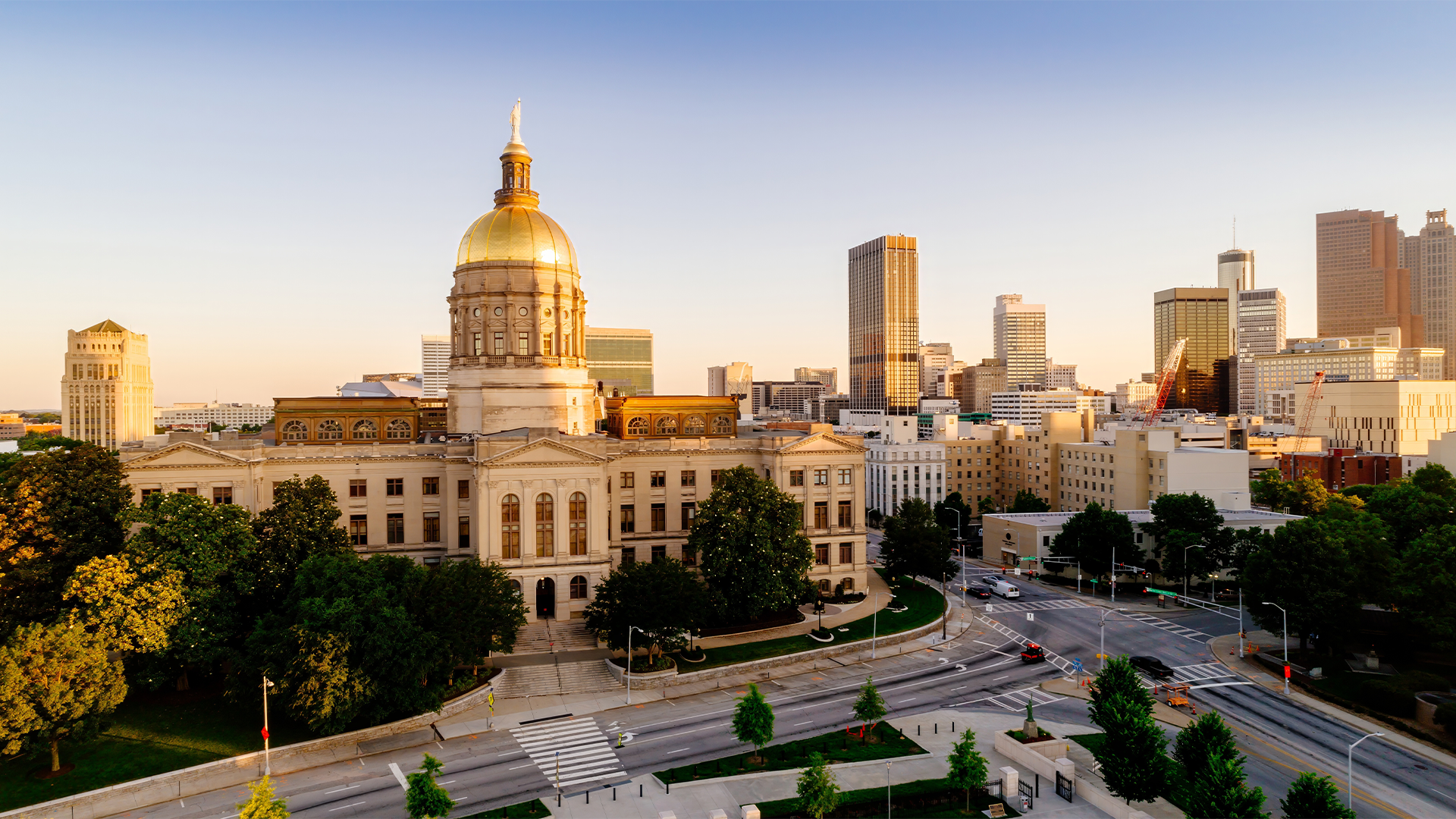Georgia State Capitol building in Atlanta, USA, a symbol of state government and history, with the city skyline in the background.
