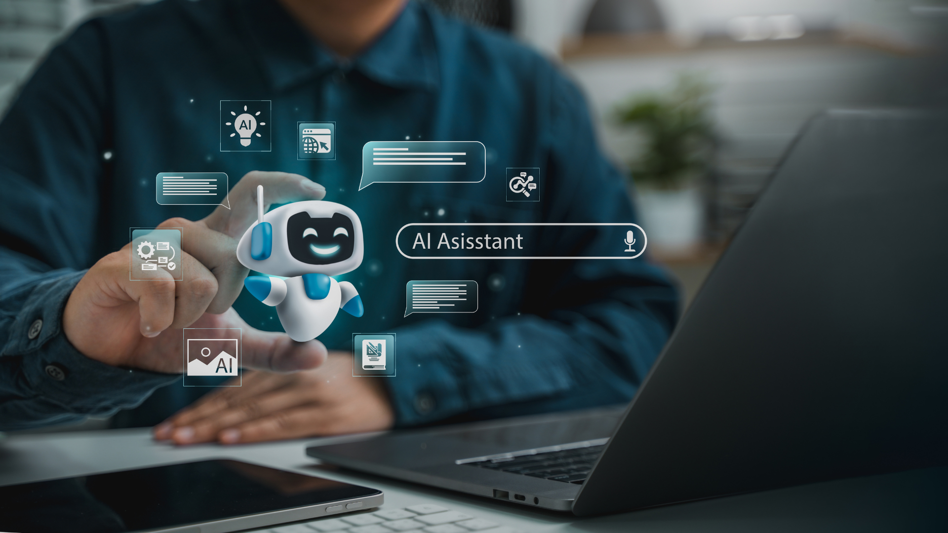 AI agent and assistant is using a laptop with cutting-edge software for visualization and content management to achieve goals, employing AI to search and gather information, analyze it.