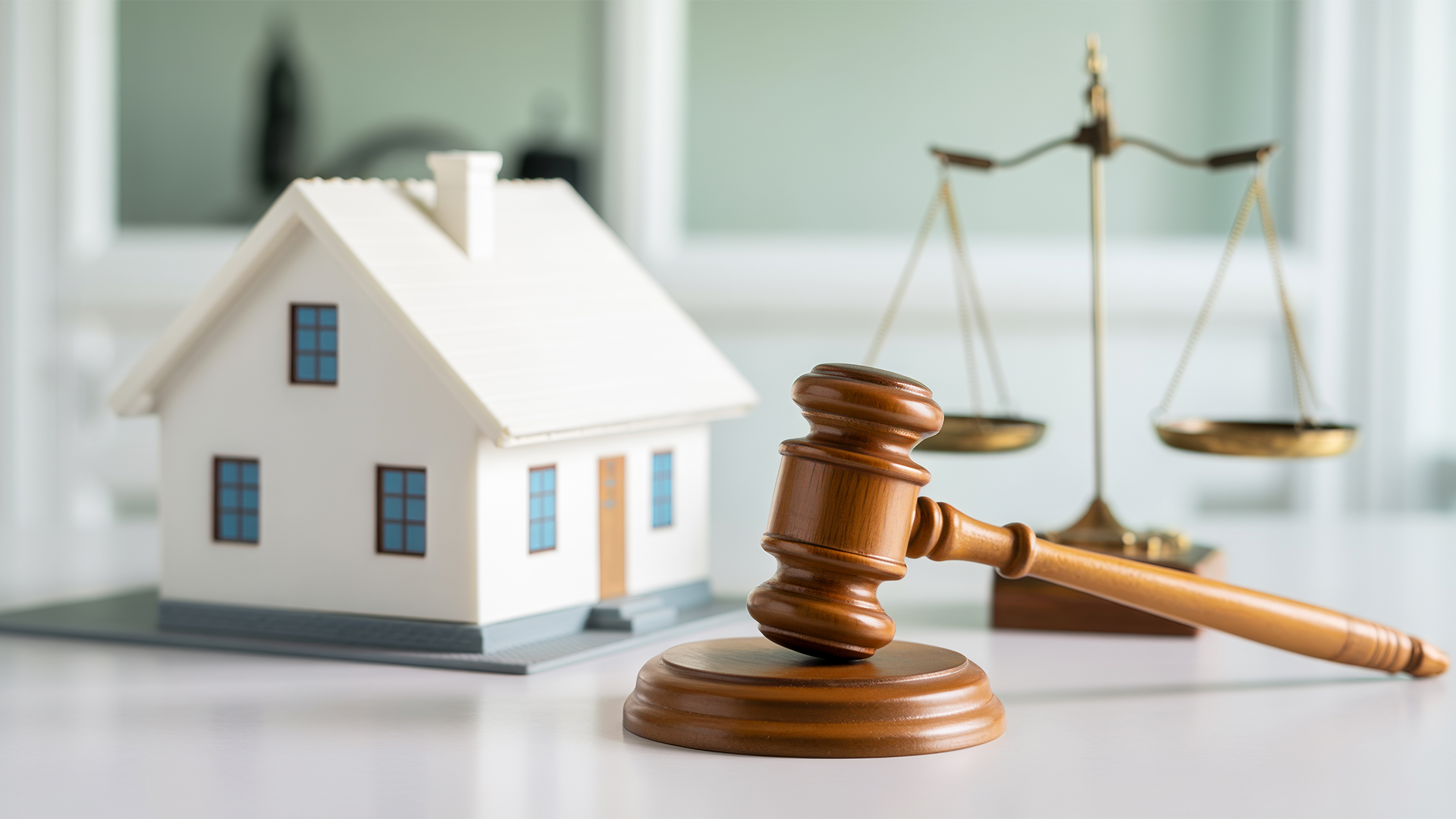 A miniature house gavel and scales of justice represent legal property matters