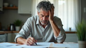 Man sits at table with papers looking stressed