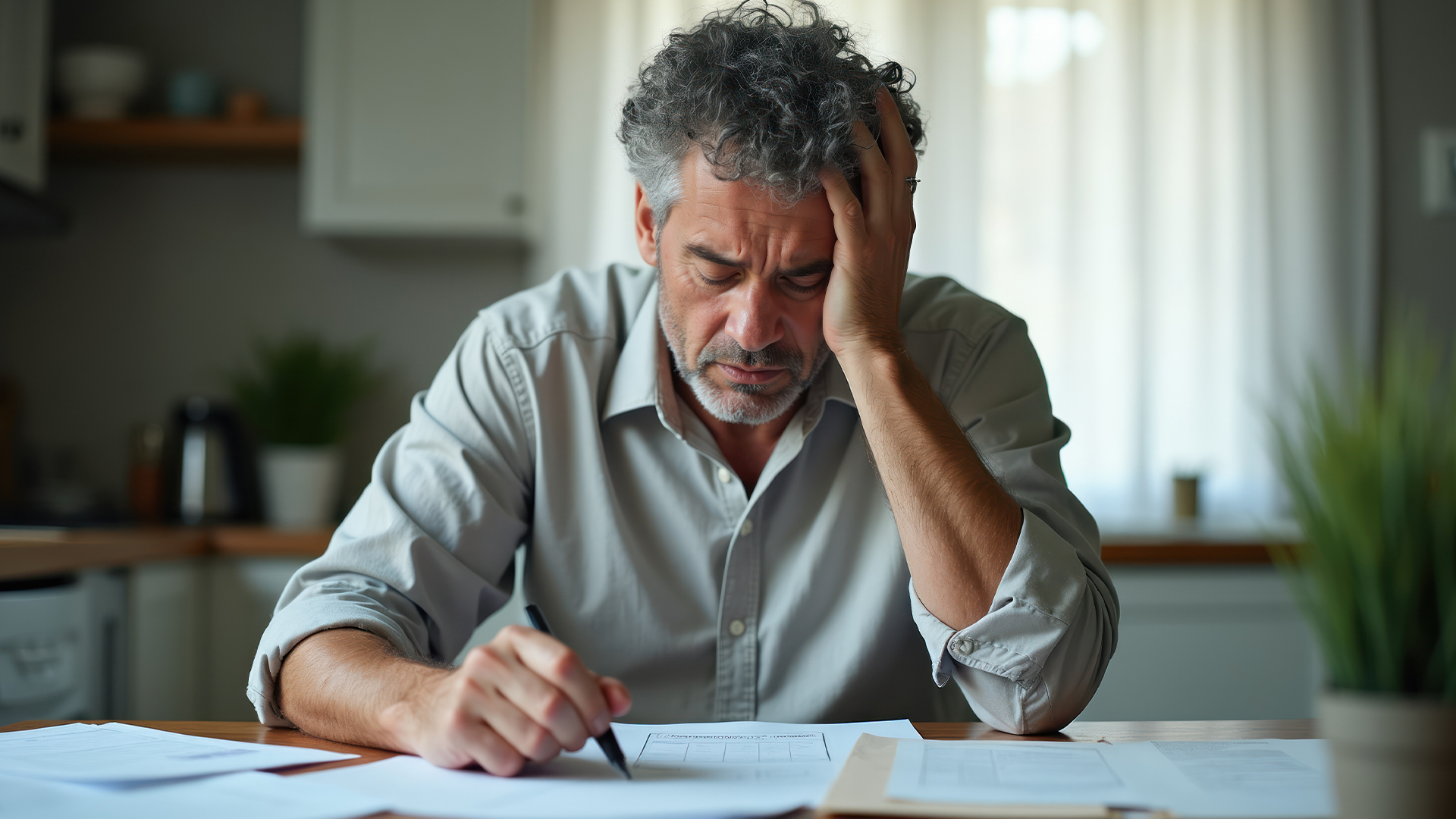 Man sits at table with papers looking stressed