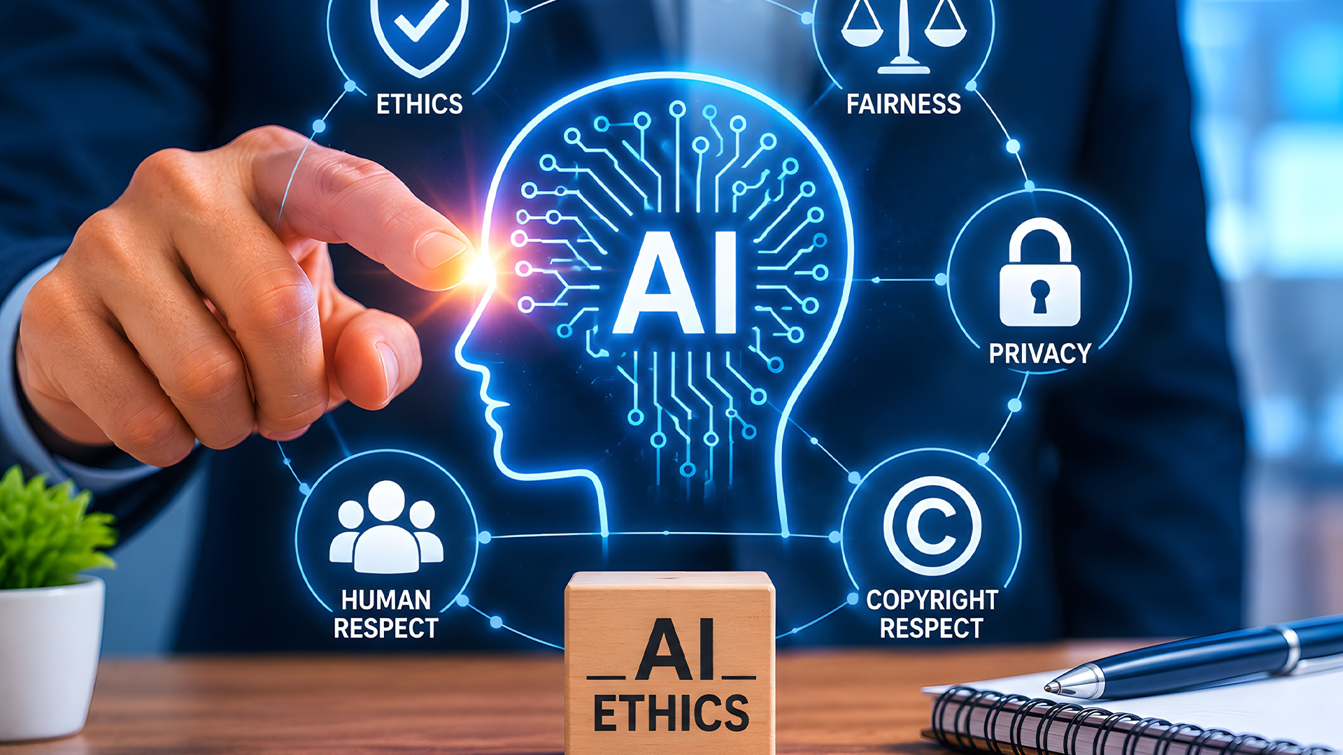 AI Ethics concept with a human hand pointing to the digital brain icon and symbols of ethics, fairness, privacy, copyright and human respect floating around it.