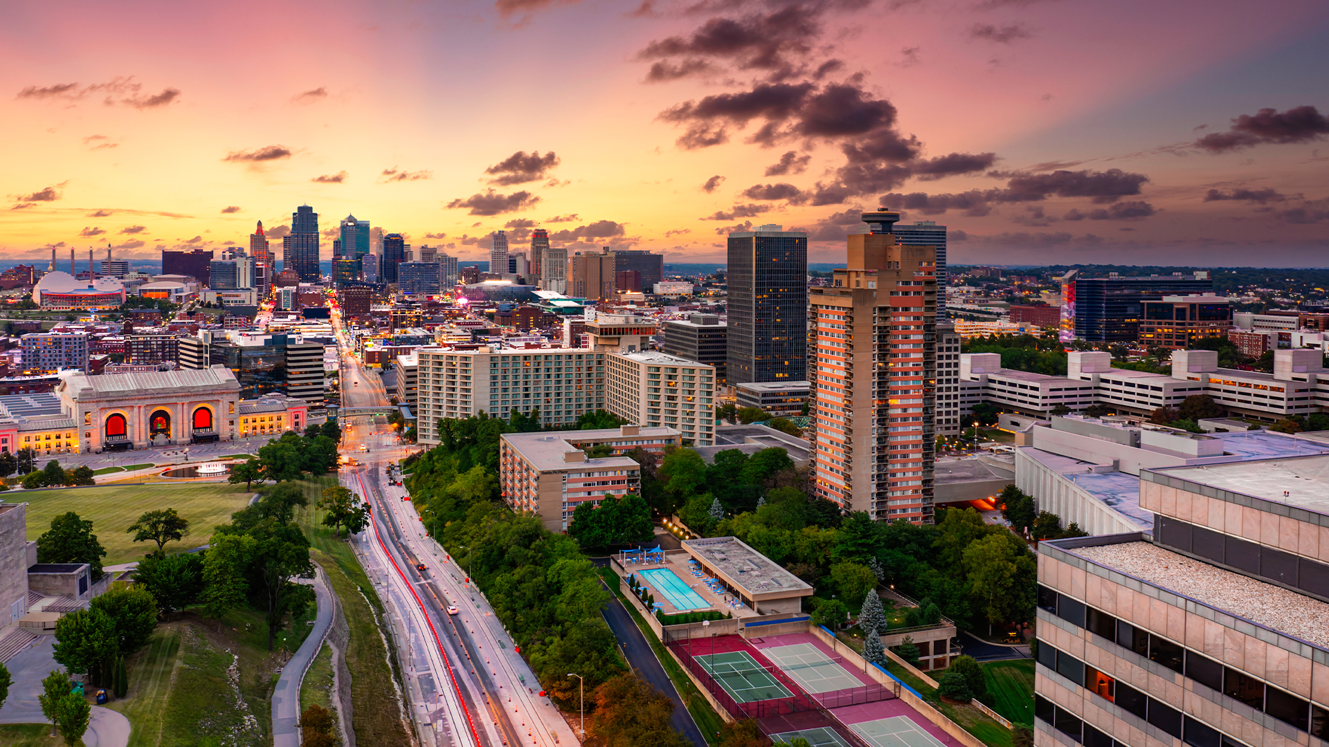 Aerial view of Kansas City skyline at dusk, viewed from Penn Valley Park. Kansas City is the largest city in Missouri.