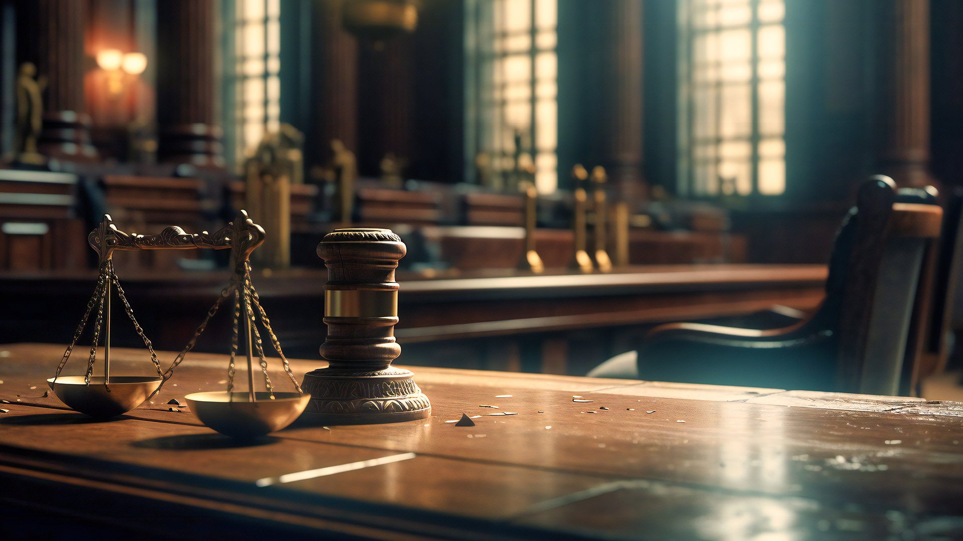 The sound of the judge's gavel reverberates through the courtroom as the scales of justice weigh evidence against a backdrop of futuristic technology