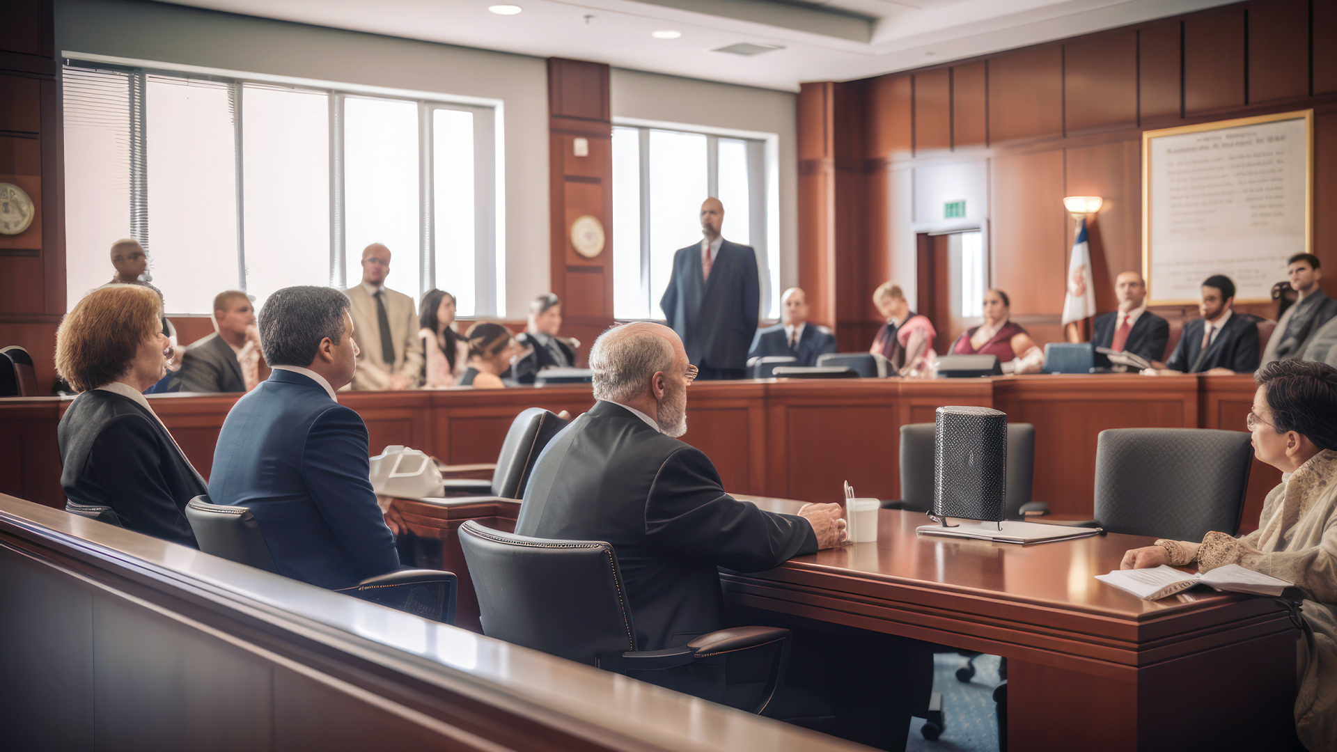 Courtroom interior, trial. Judge, lawyers, jury, law and justice concept.