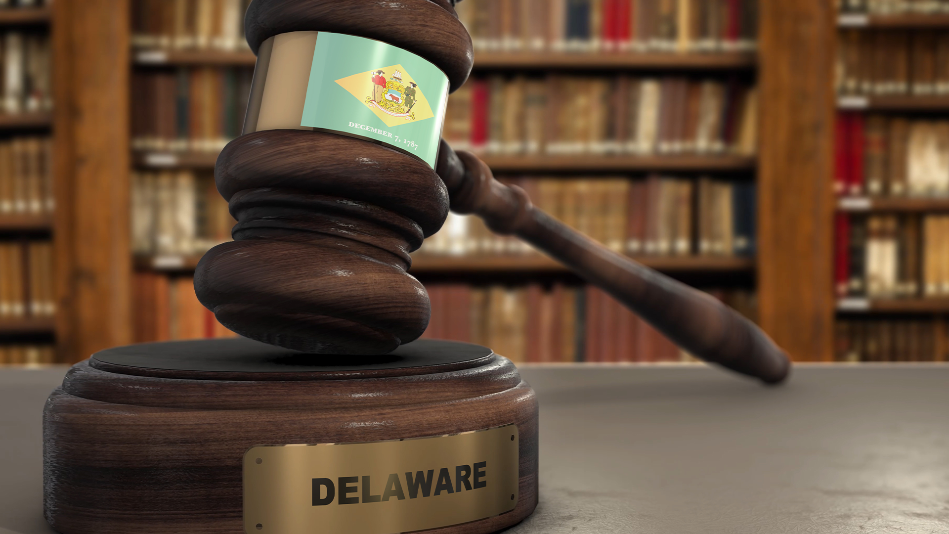 Delaware Flag on Judge Gavel or Hammer in Court with State Name. Legal System 3D Illustration