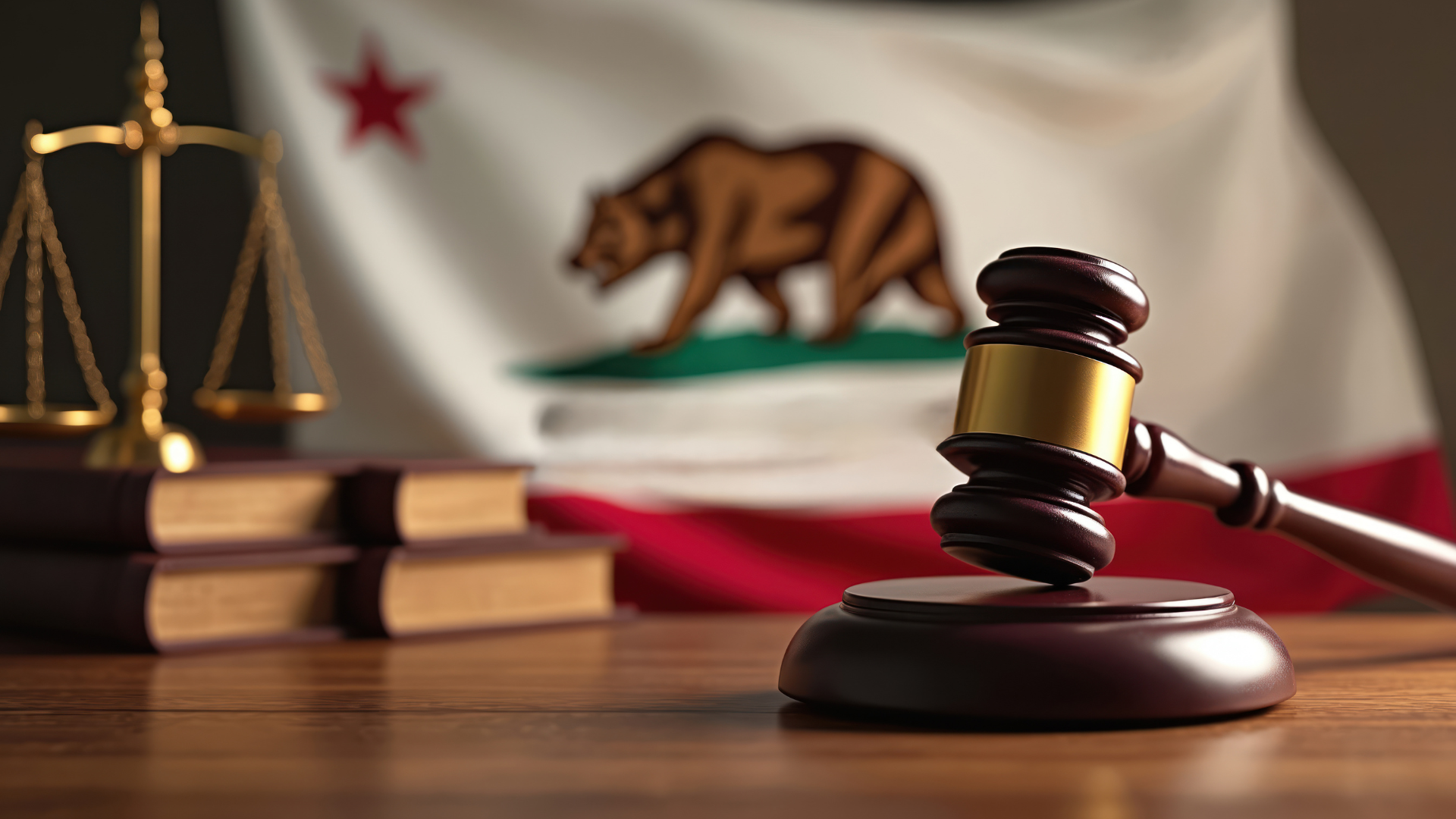 Gavel rests near California flag books.