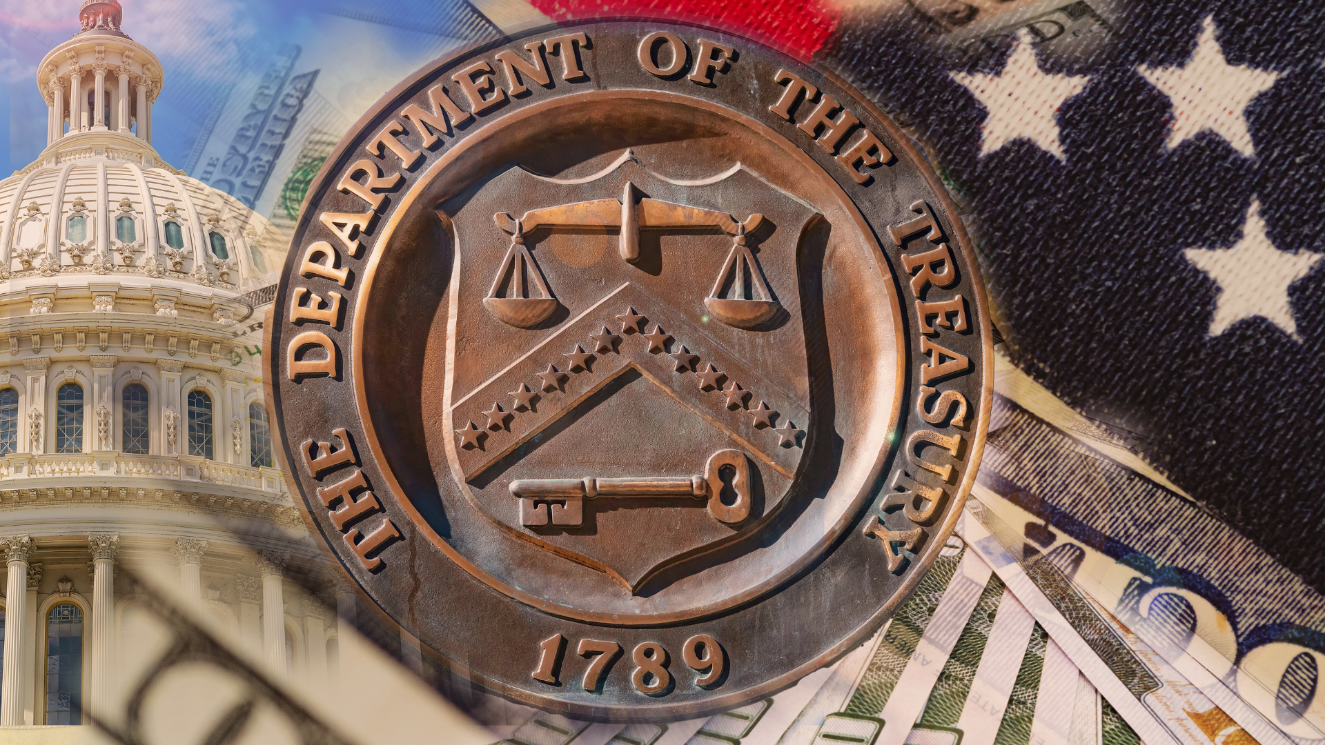 Government finance concept with Treasury seal, U.S. Capitol, dollars and American flag background