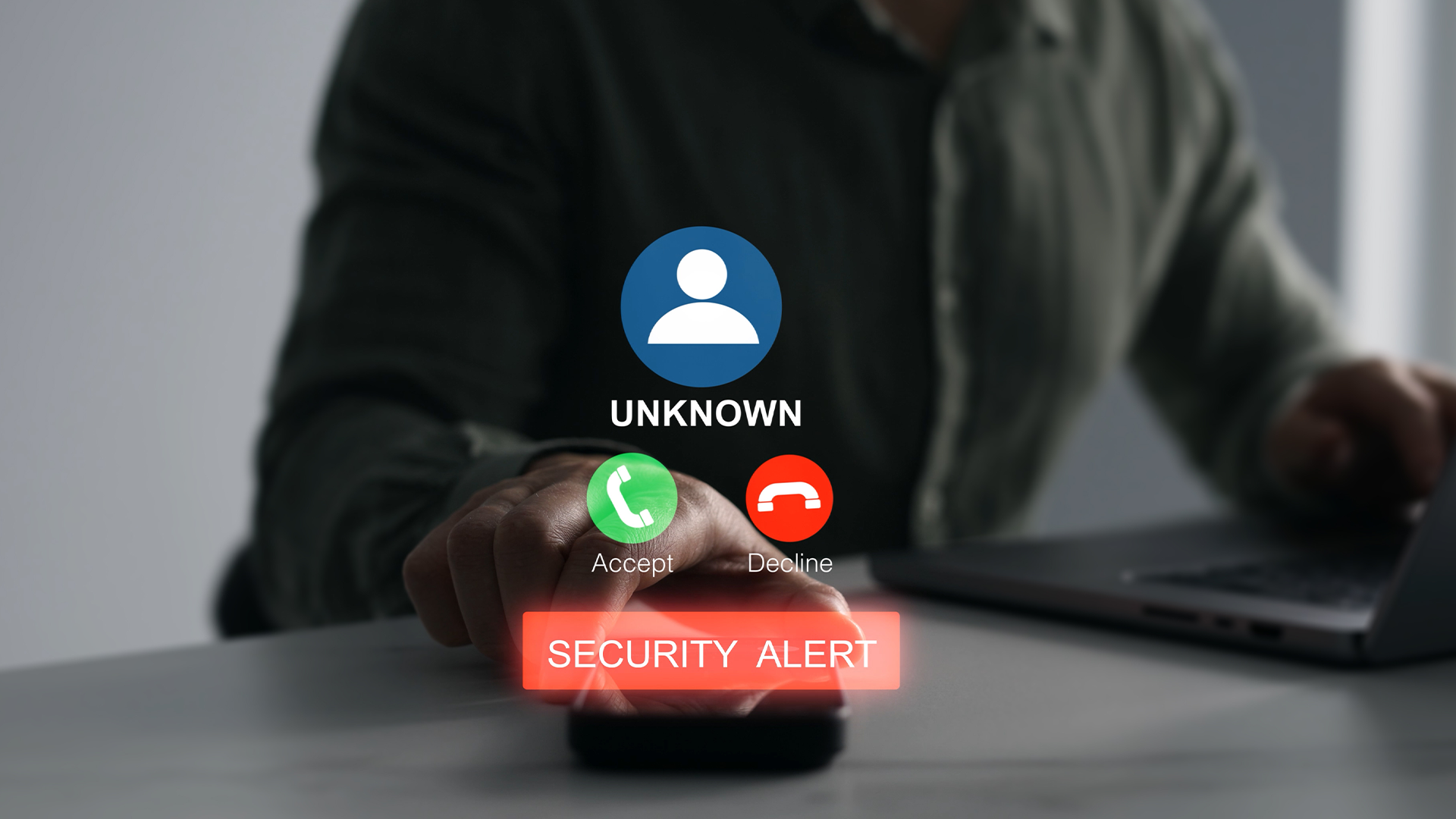 Scam call alert concept showing a suspicious incoming call on smartphone.