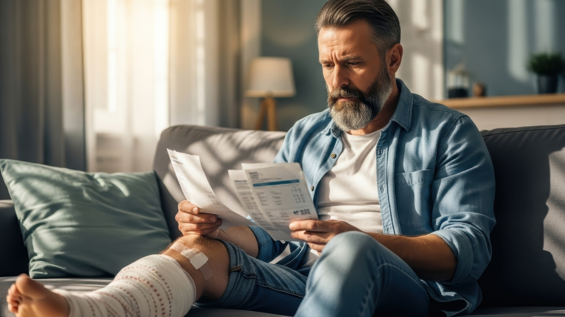 Concerned bearded man with bandaged leg reviewing medical bills on couch