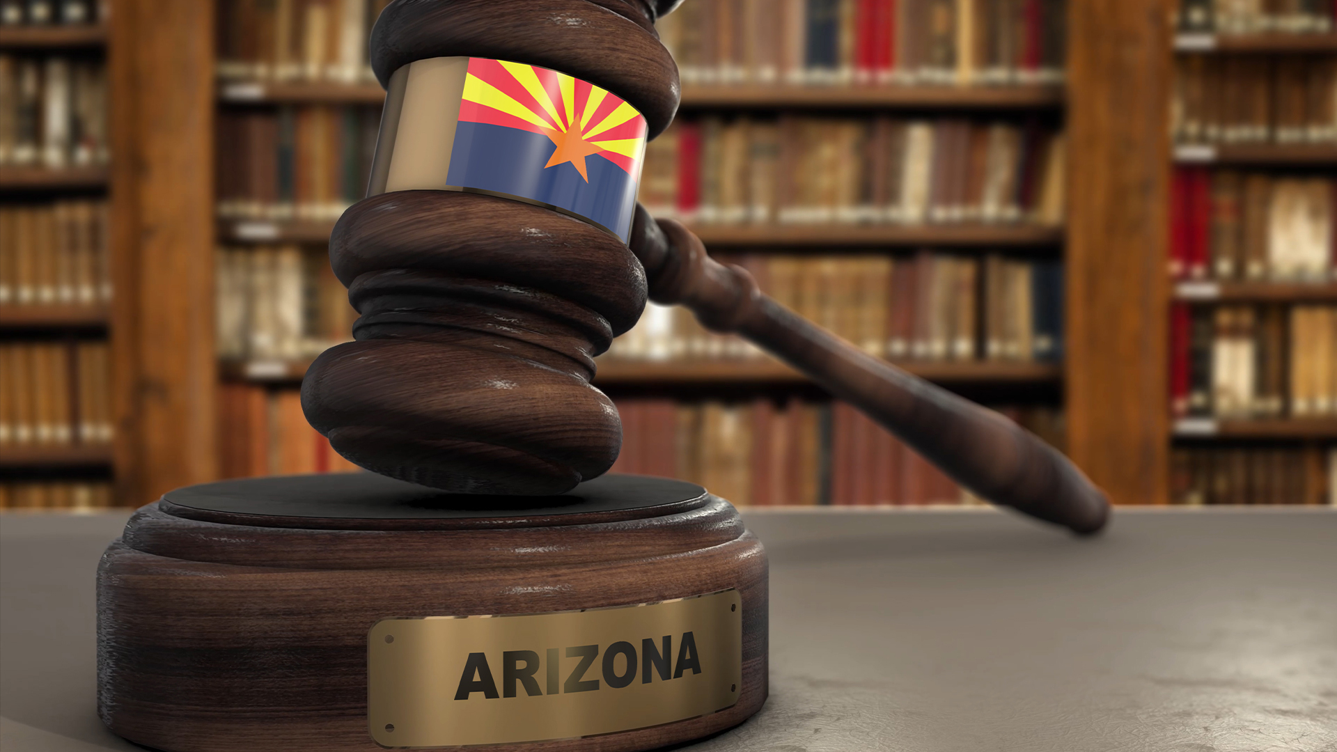 Arizona Flag on Judge Gavel or Hammer in Court with State Name. Legal System Animation