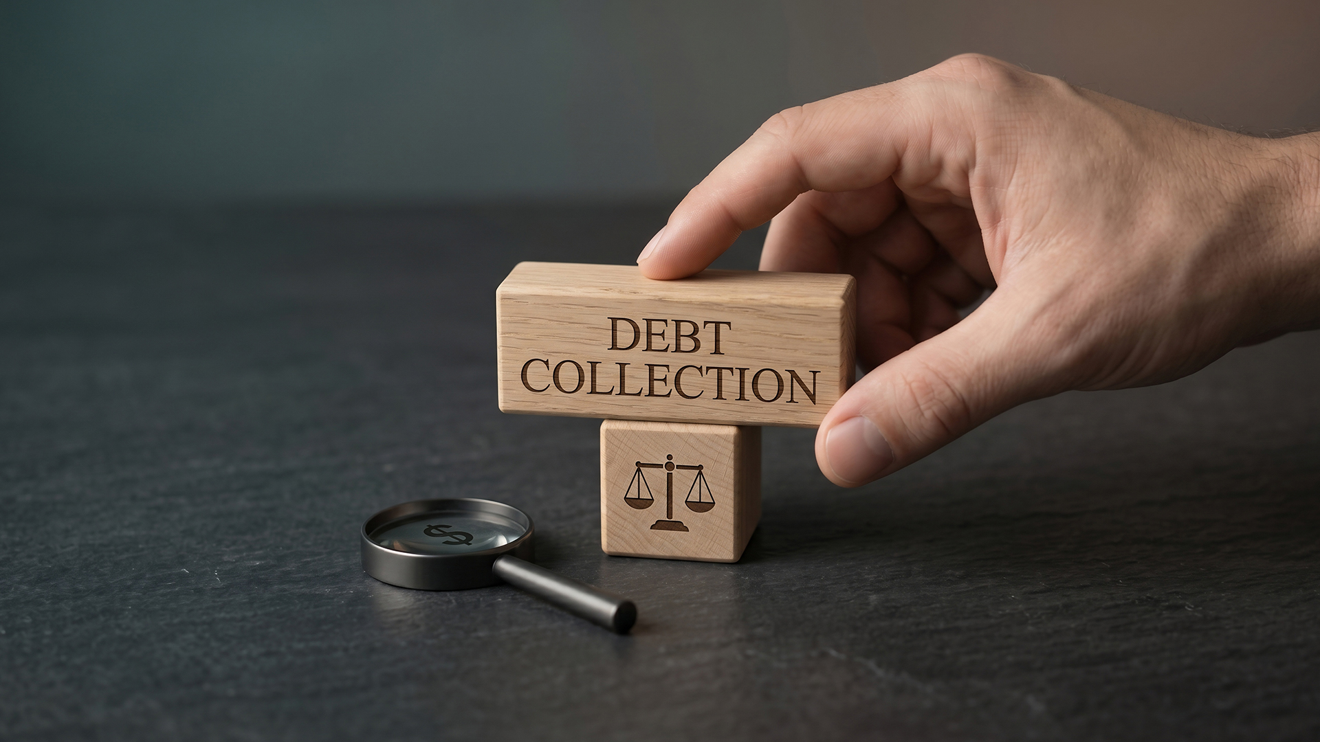 Man hand placing wooden block with text debt collection on top of tile with legal balance icon. Concept of law, justice and financial recovery. Professional debt management resolution.