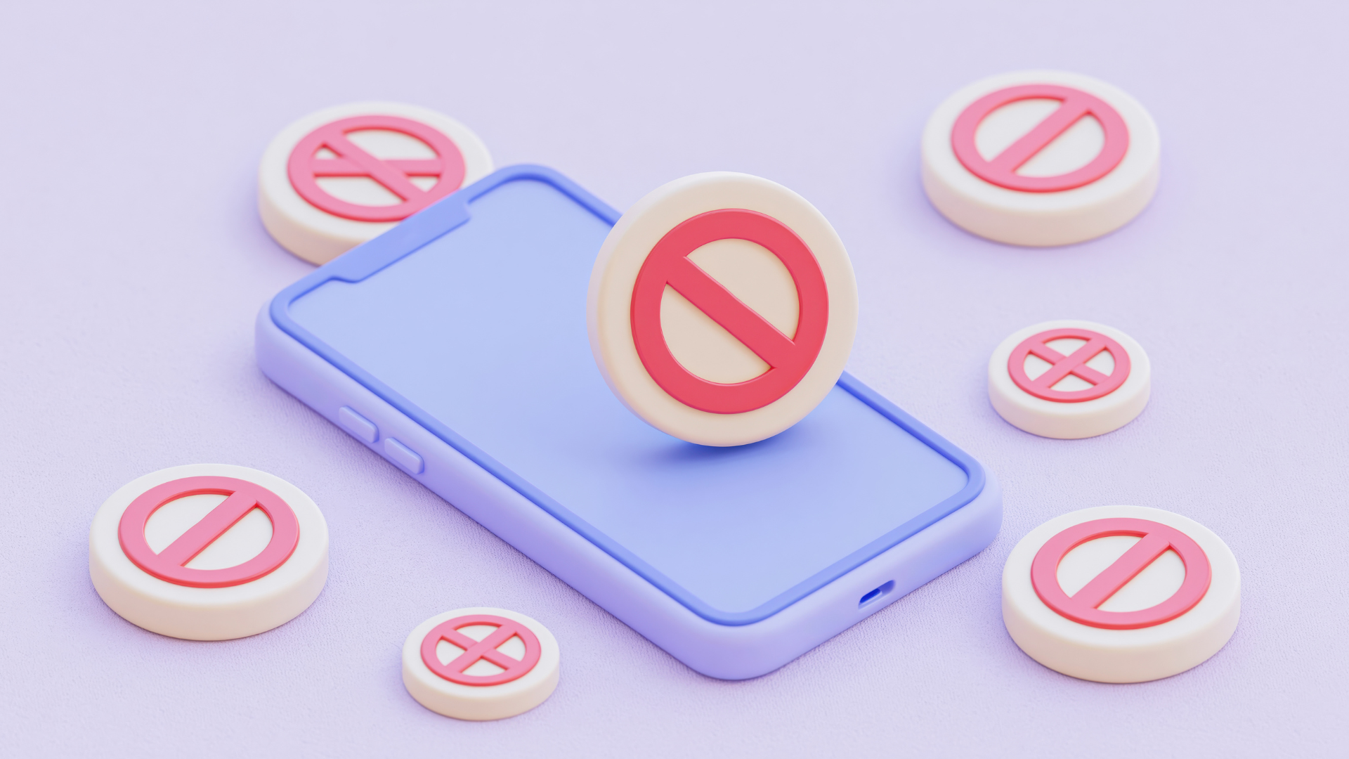 Smartphone surrounded by red prohibition symbols showing blocked mobile access app limits online restriction and digital safety control