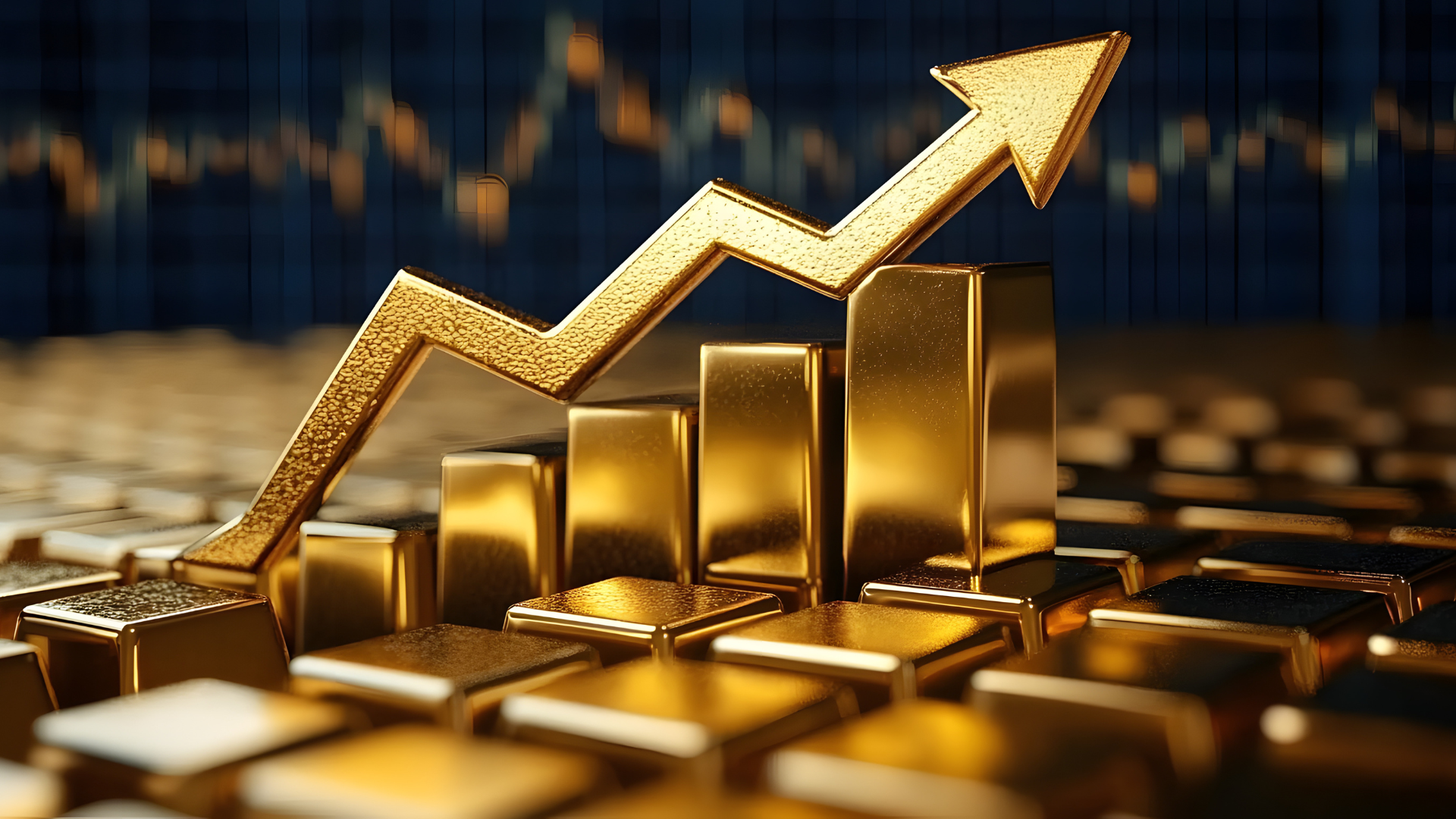 A golden bar graph with arrow pointing upward, depicting a rise in gold prices