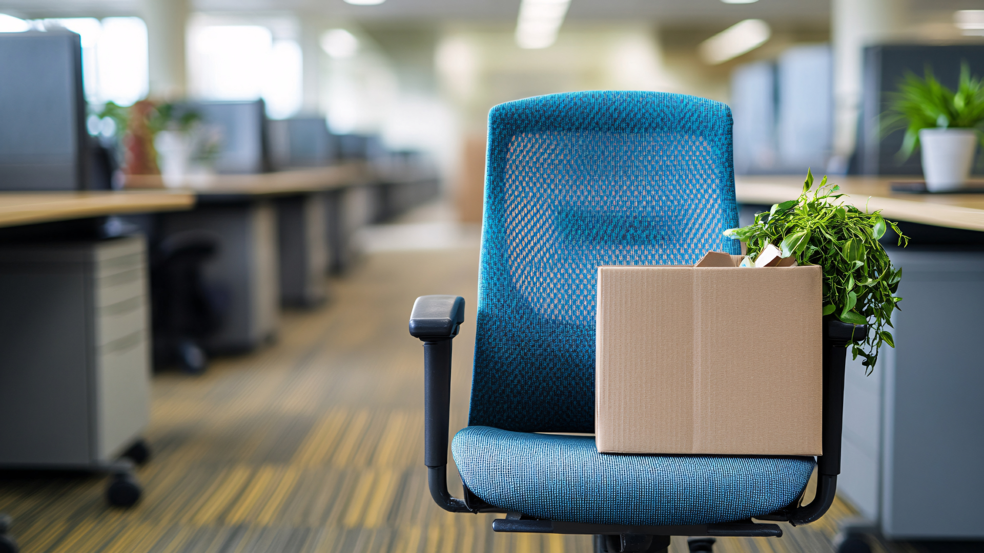 Empty chair in an office with personal belongings packed in a box on the desk symbolizing job loss