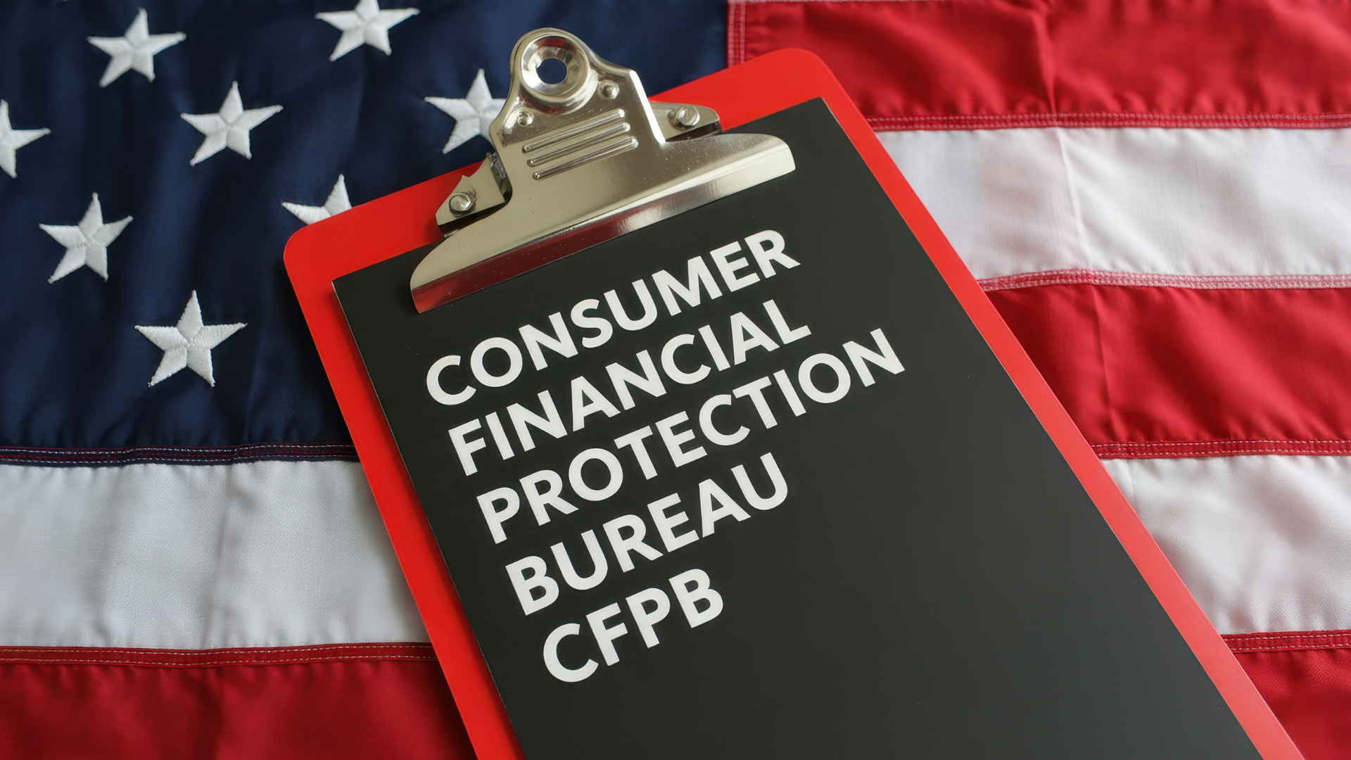 Clipboard with Consumer Financial Protection Bureau CFPB text on an American flag background