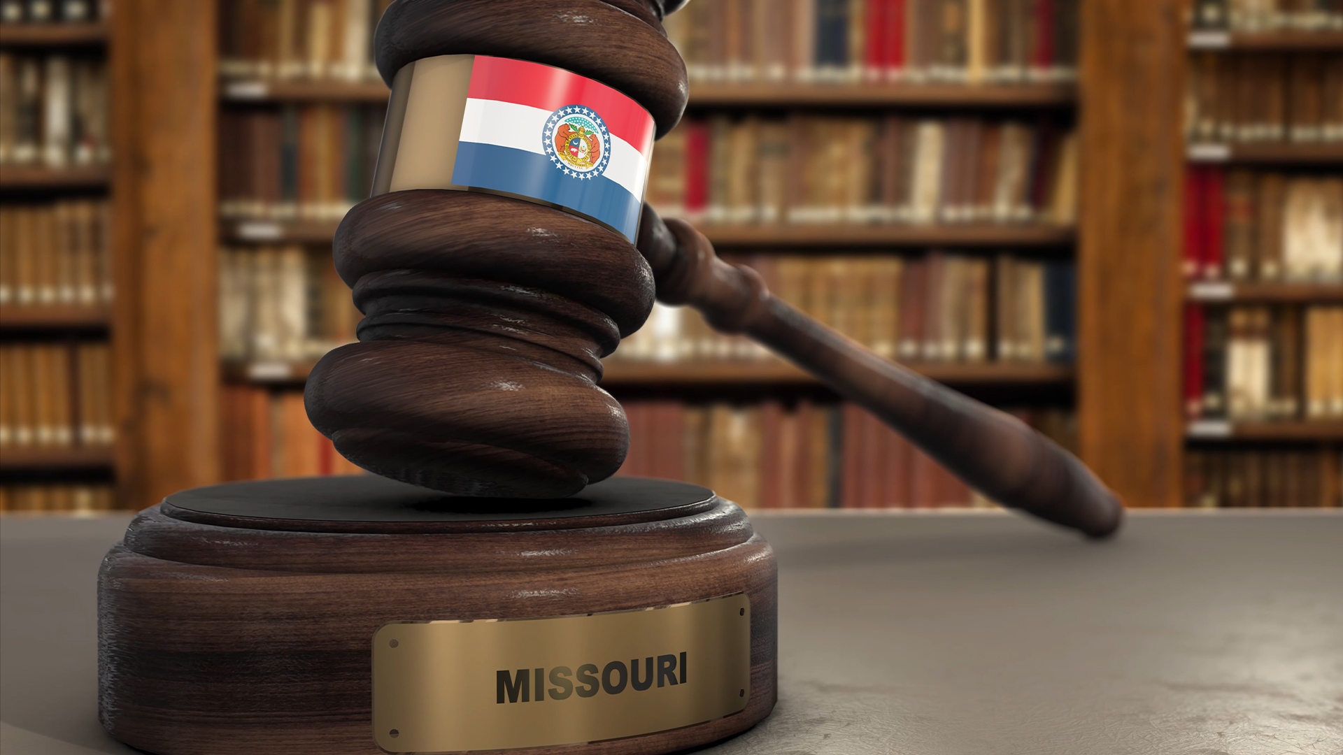 Missouri Flag on Judge Gavel or Hammer in Court with State Name. Legal System 3D Illustration
