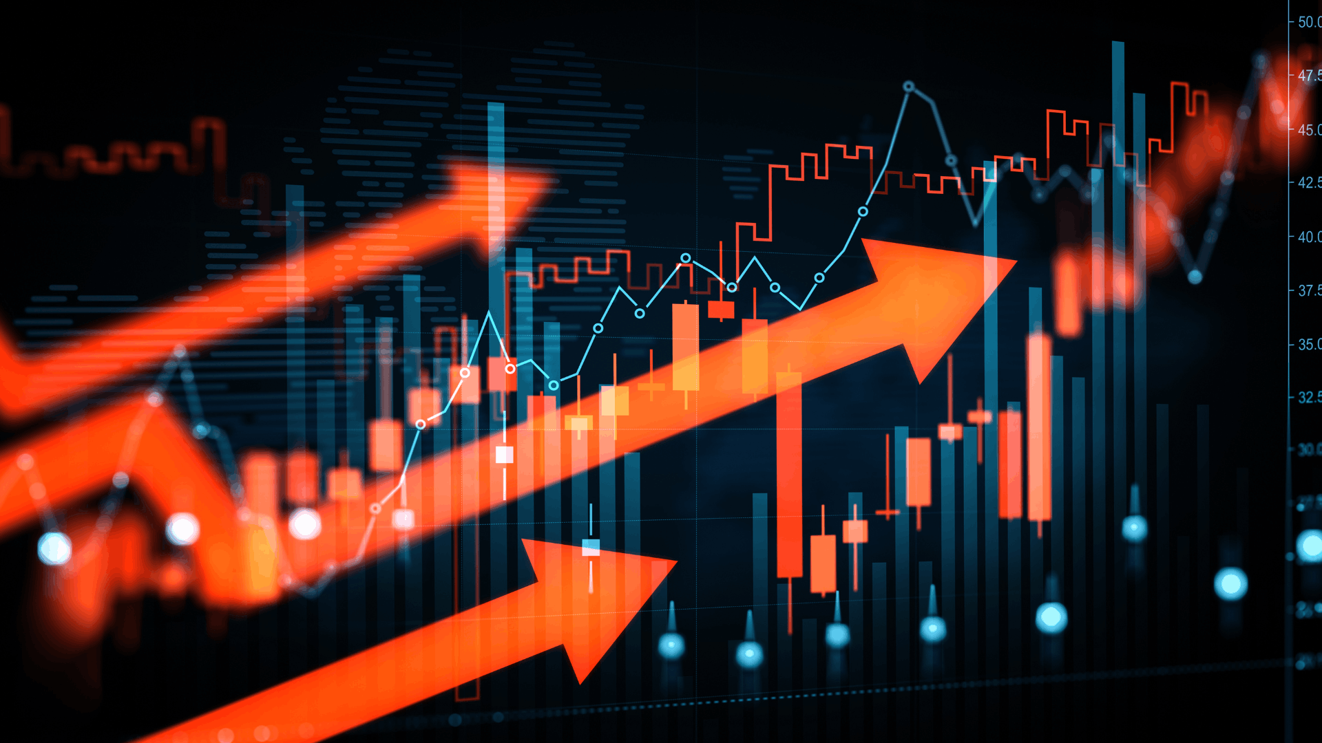 Dynamic financial trading chart with rising red arrows and illuminated market indicators depicting upward economic movement