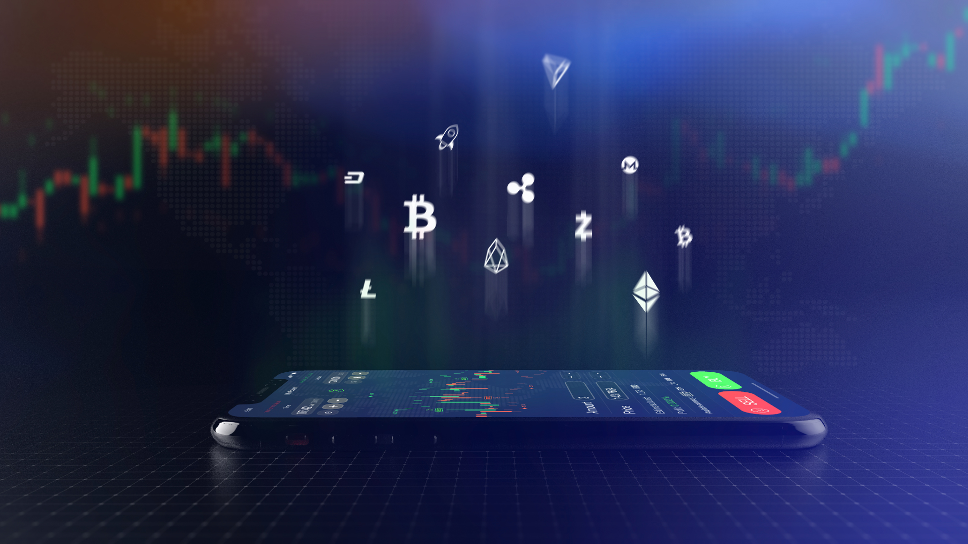Futuristic stock exchange scene with crypto currency icons and smartphone